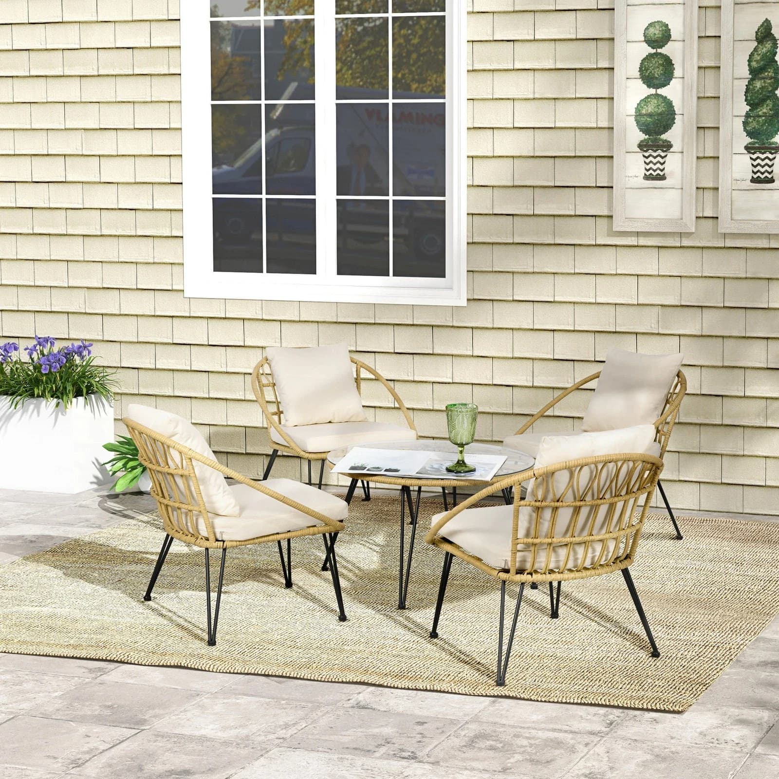 Outsunny Set da Giardino 5 Pezzi in Rattan con Tavolo Rotondo Ø82x50 cm e 4 Sedie 72x72x75 cm con Cuscini | Dimensioni 100.00 × 85.00 × 80.00 cm | Outsunny 867-171V00BG, set giallo e nero in acciaio e rattan PE, tavolo 82 cm e quattro sedie - 2