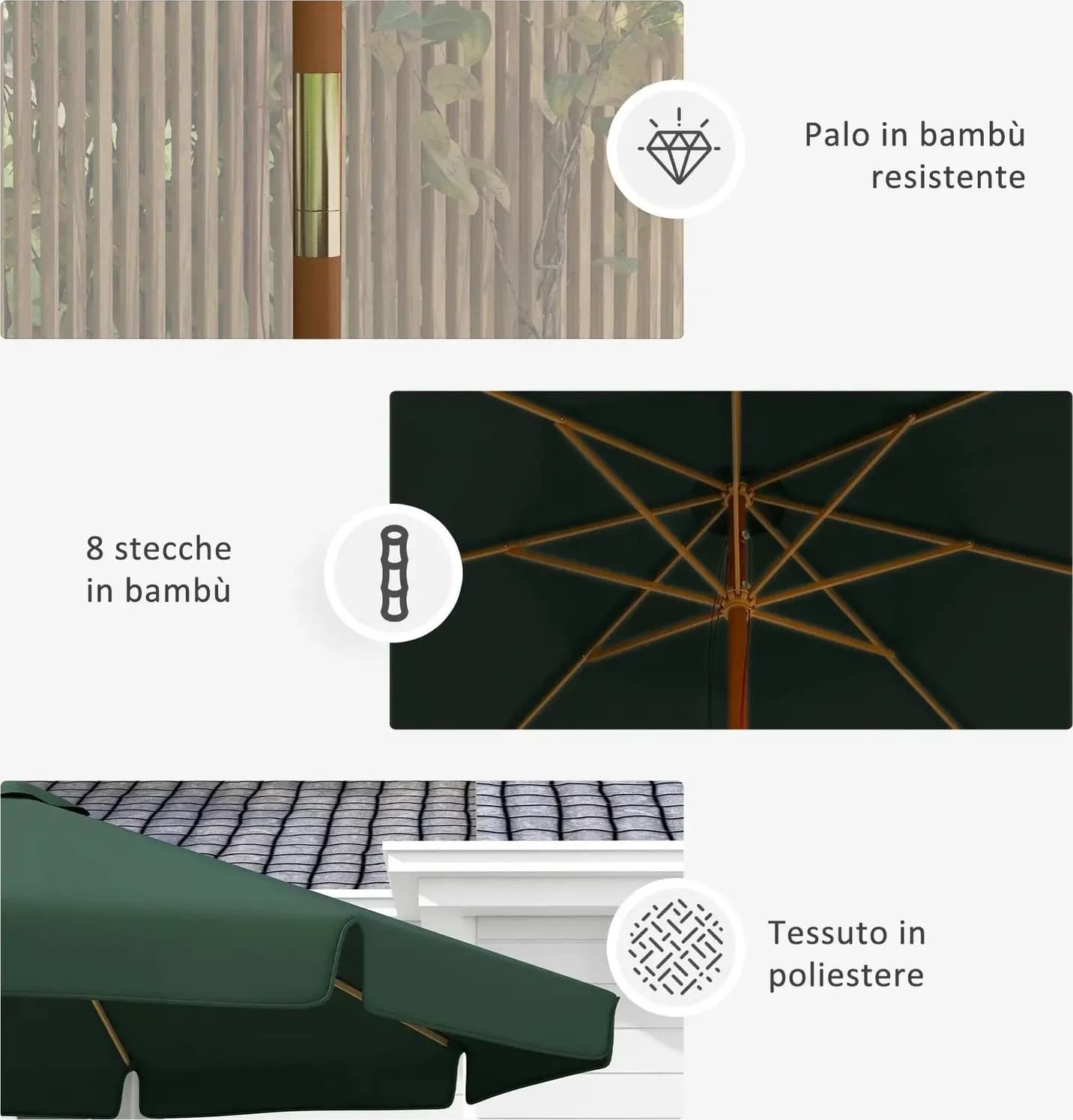 Outsunny Ombrellone da Giardino con Doppio Tettuccio, in Bambù e Poliestere, Ø325x250 cm, Verde | Dimensioni 180.00 × 25.00 × 25.00 cm | Outsunny, ombrellone verde con doppio tettuccio, struttura in bambu, diametro 325 cm e altezza 250 cm - 3