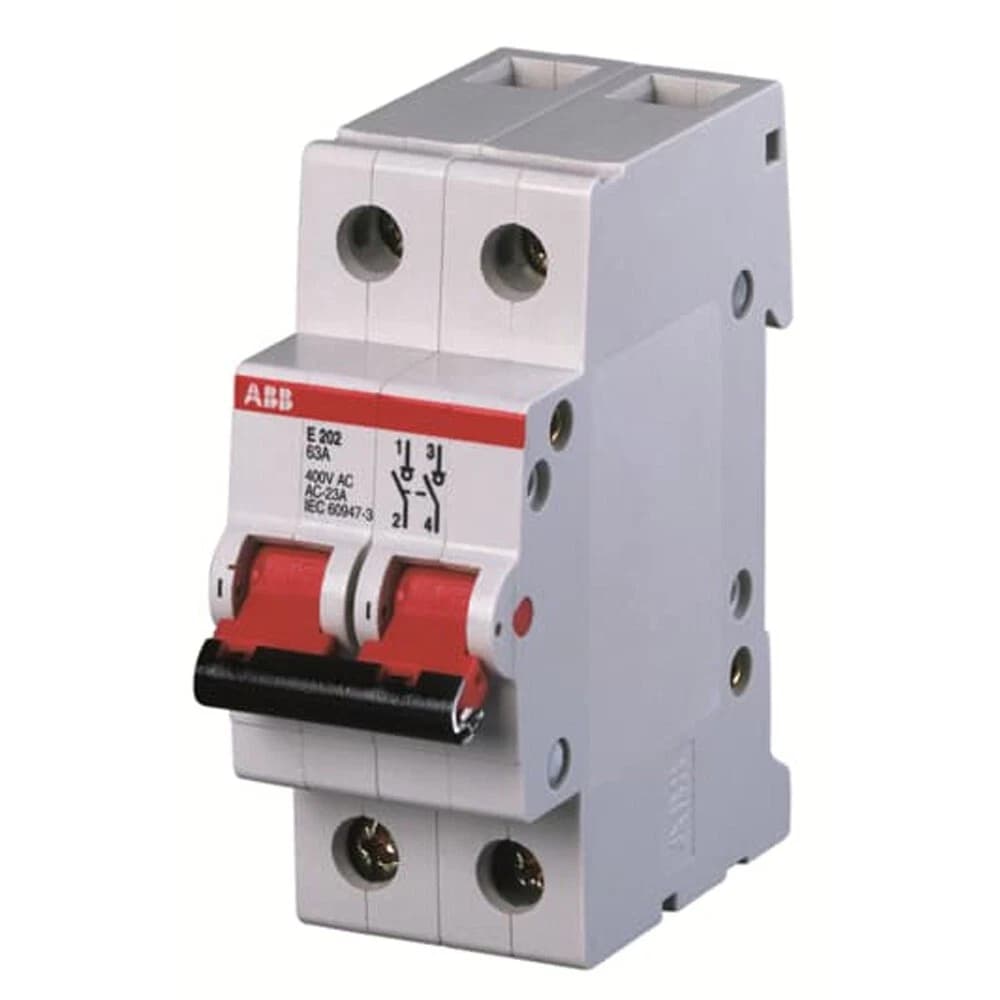 ABB E202/32G 2CDE282001R1032 Interruttore Sezionatore Bipolare 2P da 32 A, Tensione 400 V AC, Installazione Modulare su Guida DIN, Ingombro 2 Moduli, Maniglia Grigia, Break Switch ABB SACE, EAN 4016779645836