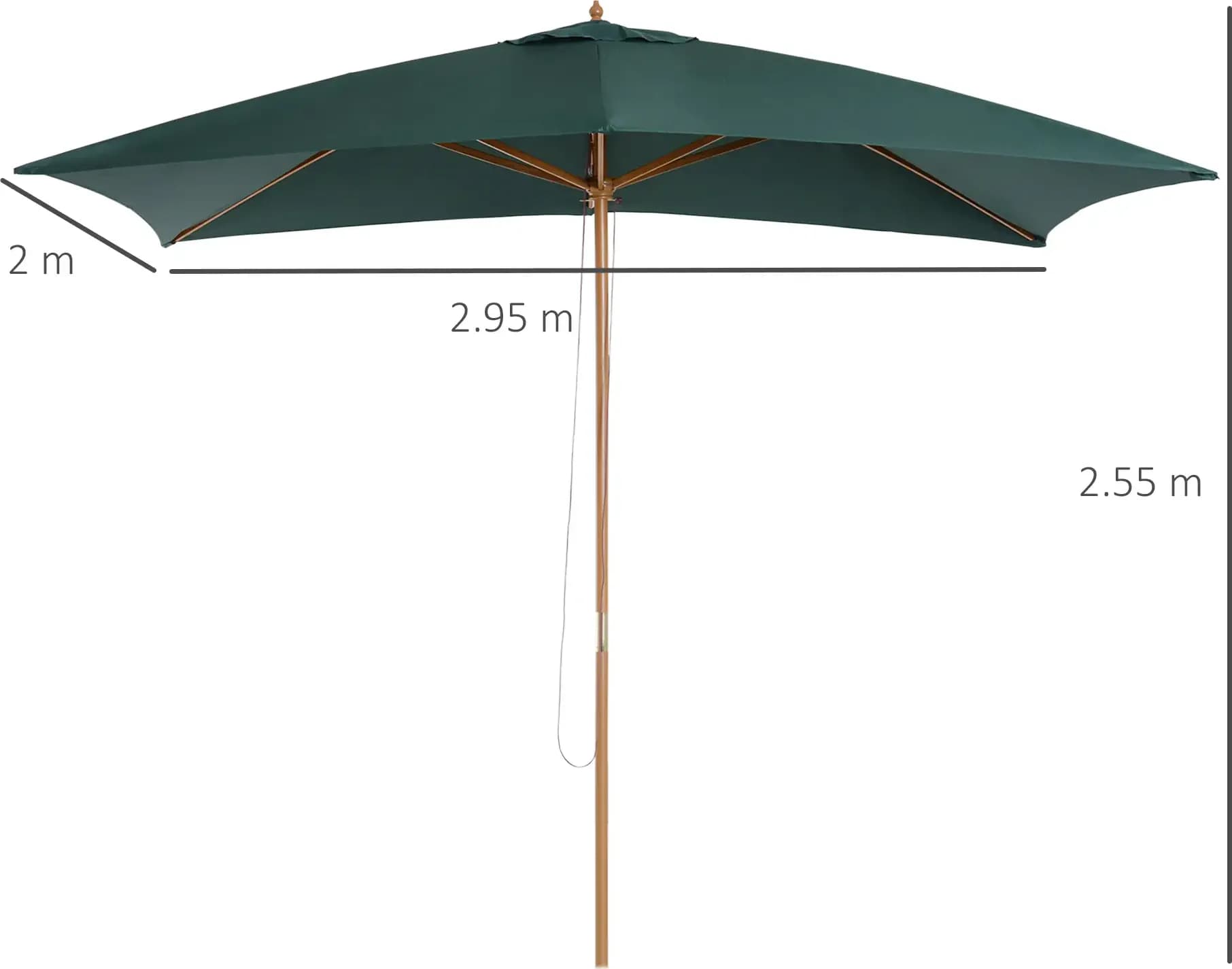 Outsunny 01-0216 Ombrellone Rettangolare da Giardino 2,95 x 2 x 2,55 m Verde Scuro, Palo in Legno Laccato Ø38 mm con 6 Stecche in Bambù, Telo in Poliestere 180 g/m² con Airvent, Apertura a Carrucola, Base Non Inclusa - 2