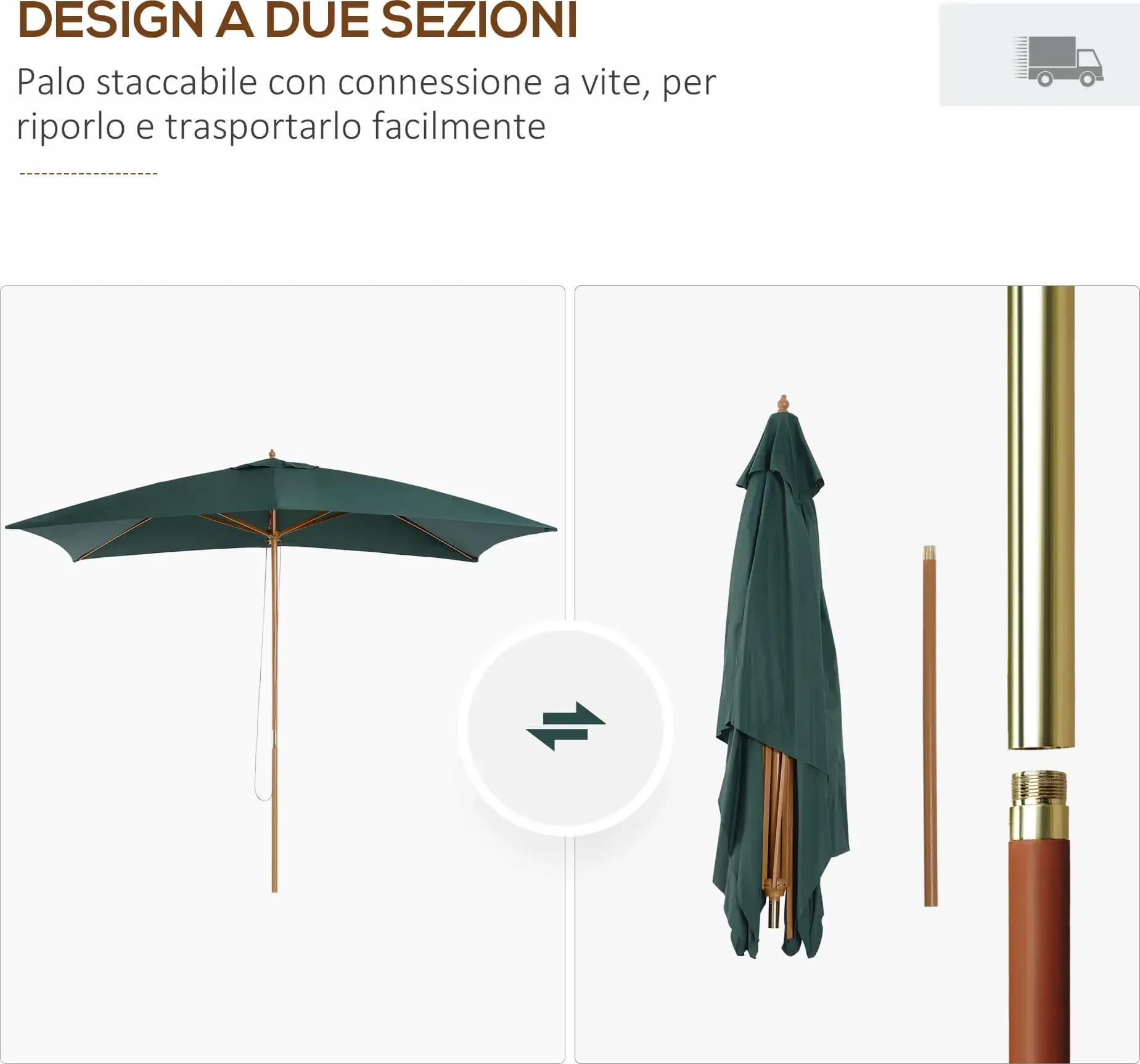 Outsunny 01-0216 Ombrellone Rettangolare da Giardino 2,95 x 2 x 2,55 m Verde Scuro, Palo in Legno Laccato Ø38 mm con 6 Stecche in Bambù, Telo in Poliestere 180 g/m² con Airvent, Apertura a Carrucola, Base Non Inclusa - 3