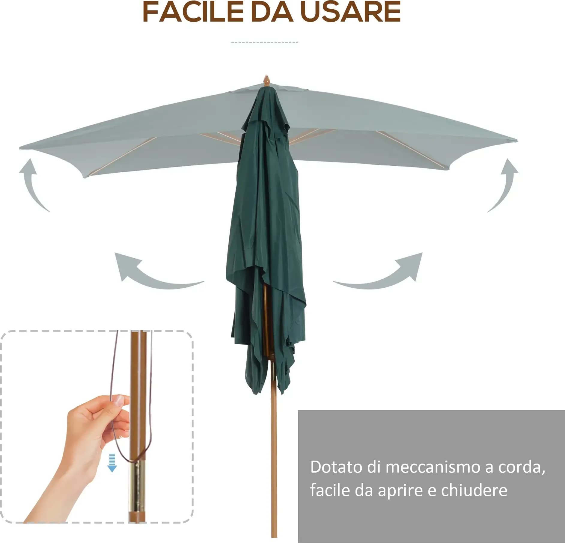 Outsunny 01-0216 Ombrellone Rettangolare da Giardino 2,95 x 2 x 2,55 m Verde Scuro, Palo in Legno Laccato Ø38 mm con 6 Stecche in Bambù, Telo in Poliestere 180 g/m² con Airvent, Apertura a Carrucola, Base Non Inclusa - 5