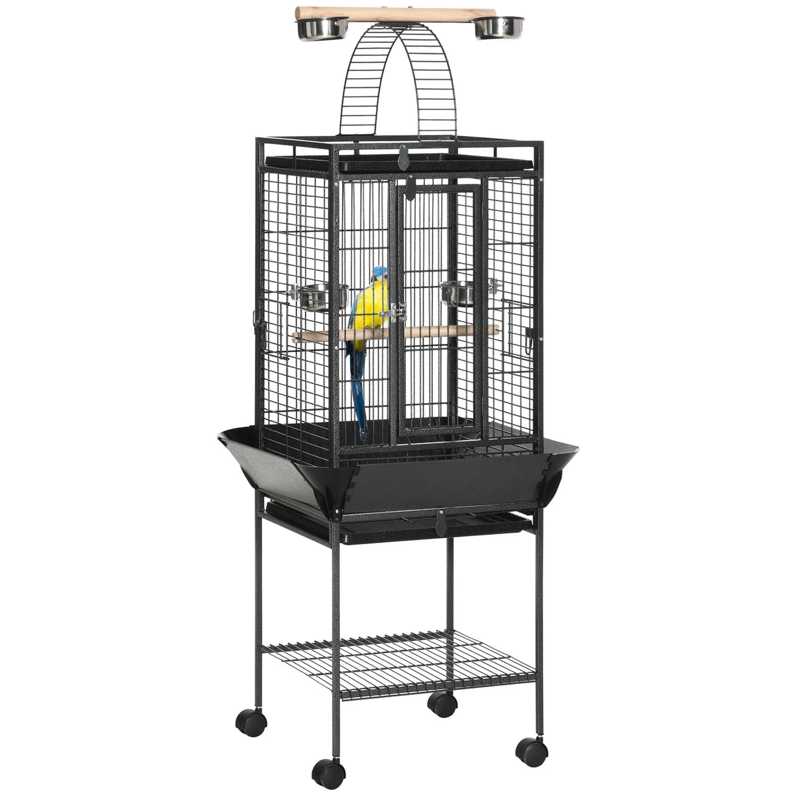 PawHut D10-068 Voliera per Uccelli in Acciaio Grigio con Supporto e 4 Ruote, 62,5 x 62,5 x 156 cm, 2 Posatoi, Ponte ad Arco, 4 Ciotole, 2 Vassoi Estraibili, Ripiano Inferiore, Barre Distanziate 1,85 cm, da Montare - 2