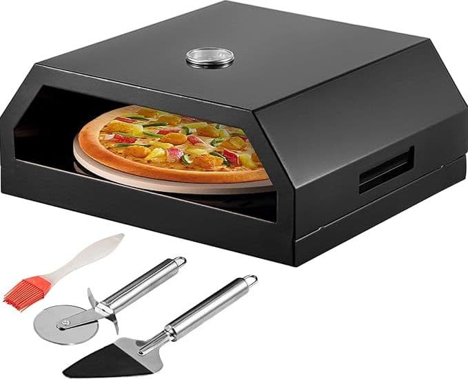 VEVOR BLACK-1 Forno a Gas per Pizza da Esterno Nero in Acciaio Inossidabile, Pietra in Cordierite Ø30,5 cm, Termometro 24-232 °C, Dimensioni 42 x 37 x 19 cm, con Pala, Tagliapizza e Spazzola, Peso 6,5 kg