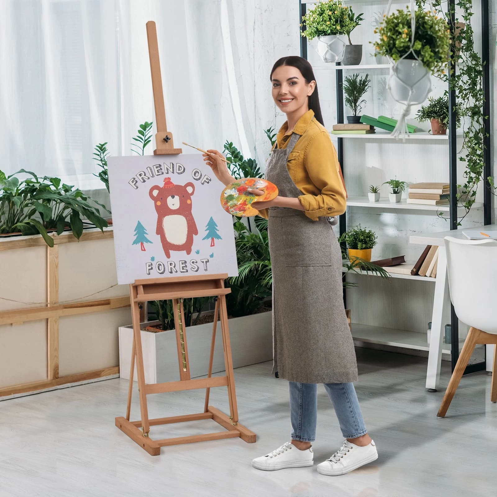 Vinsetto HOMCOM 914-023 Cavalletto da Pittore Professionale in Legno di Faggio Naturale, Telaio ad H Pieghevole, Altezza Regolabile 171-230 cm, Inclinazione 0-80°, Supporto Tele fino a 118 cm, Vano Portapennelli, Portata 5 kg - 2