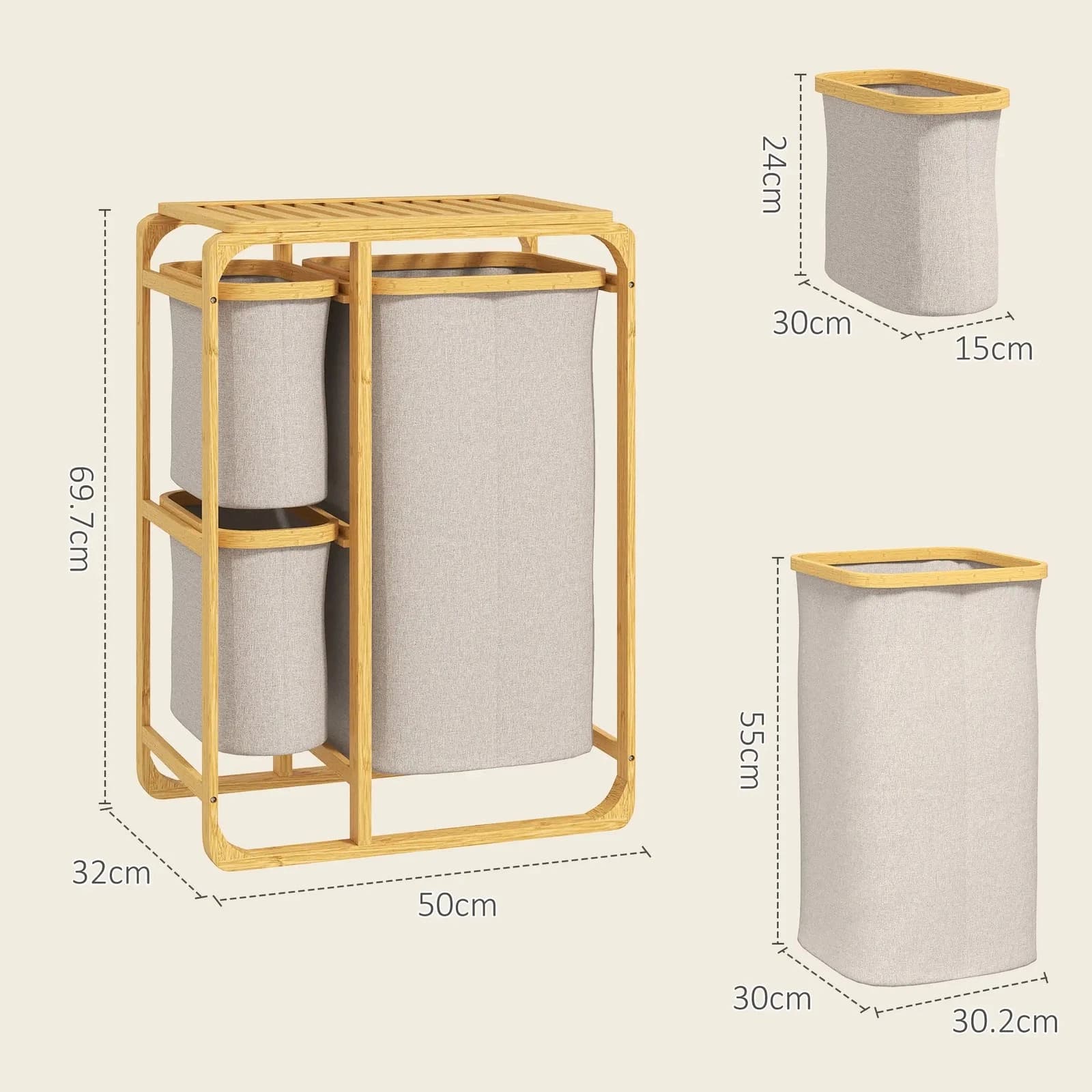 HOMCOM Cestino Portabiancheria in Bambù con 3 Sacchi e Ripiani in Tessuto, 50x32x69.7 cm, color Bambù e Crema | Dimensioni 75.00 × 38.00 × 15.00 cm | HOMCOM 850-181-1, tre scomparti estraibili e telaio in bambu, 50 x 32 x 69,7 cm - 2