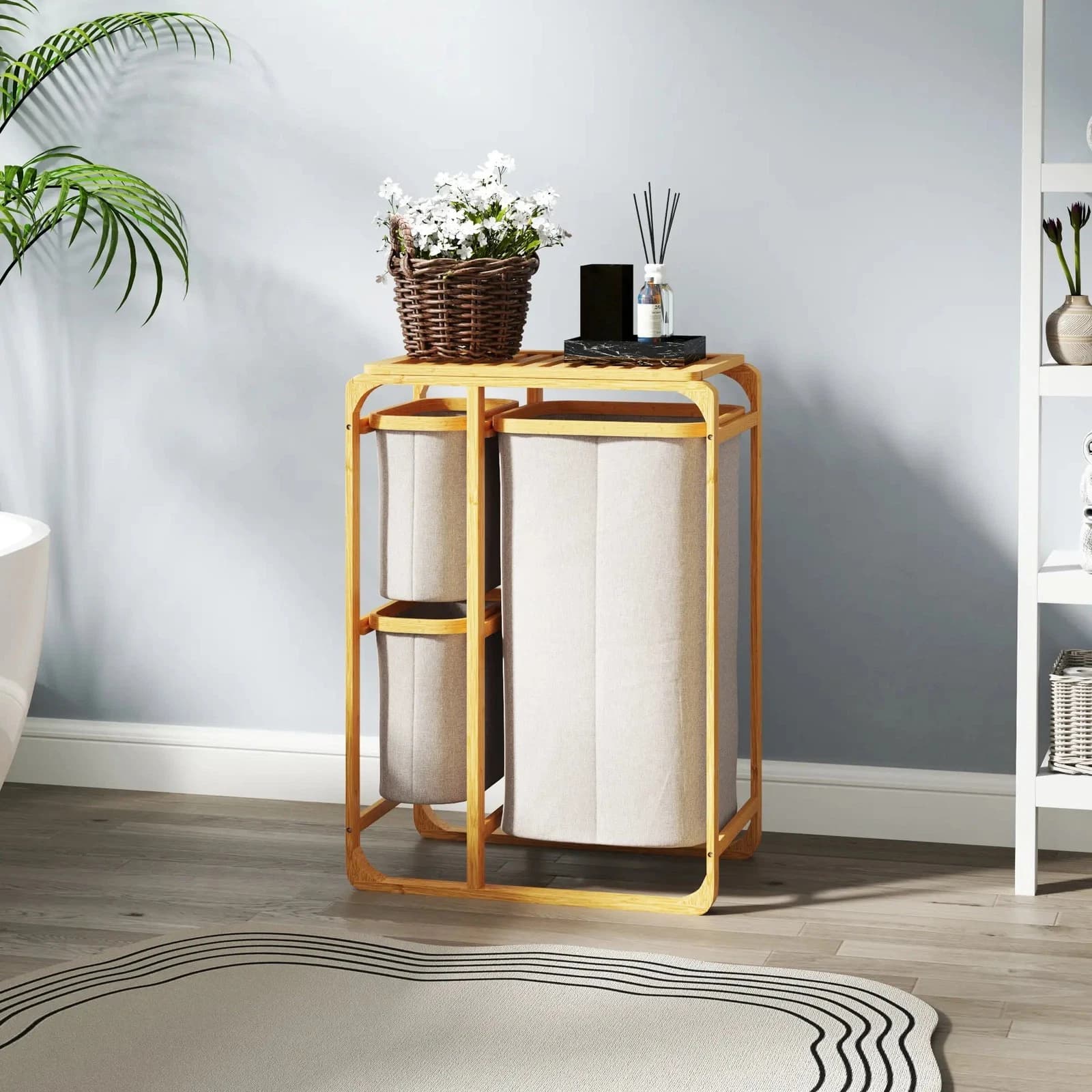 HOMCOM Cestino Portabiancheria in Bambù con 3 Sacchi e Ripiani in Tessuto, 50x32x69.7 cm, color Bambù e Crema | Dimensioni 75.00 × 38.00 × 15.00 cm | HOMCOM 850-181-1, tre scomparti estraibili e telaio in bambu, 50 x 32 x 69,7 cm - 3