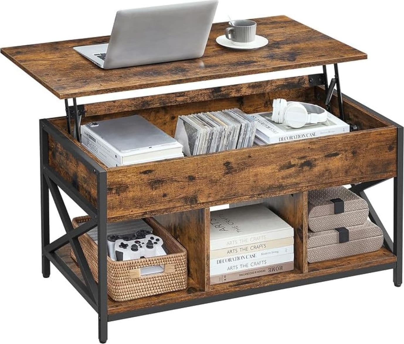 Tavolino da caffè VASAGLE con piano sollevabile, ripiano portaoggetti, scomparti nascosti e piano sollevabile, per soggiorno, ufficio, 19,7 x 39,4 x (19,3-24,4) pollici, marrone rustico e nero ULCT202B01 | Dimensioni 110.00 × 60.00 × 20.00 cm