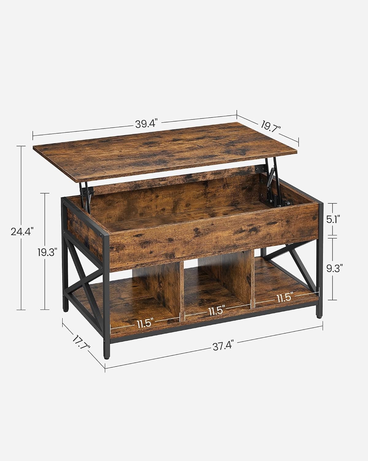 Tavolino da caffè VASAGLE con piano sollevabile, ripiano portaoggetti, scomparti nascosti e piano sollevabile, per soggiorno, ufficio, 19,7 x 39,4 x (19,3-24,4) pollici, marrone rustico e nero ULCT202B01 | Dimensioni 110.00 × 60.00 × 20.00 cm - 2