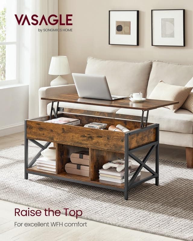 Tavolino da caffè VASAGLE con piano sollevabile, ripiano portaoggetti, scomparti nascosti e piano sollevabile, per soggiorno, ufficio, 19,7 x 39,4 x (19,3-24,4) pollici, marrone rustico e nero ULCT202B01 | Dimensioni 110.00 × 60.00 × 20.00 cm - 3