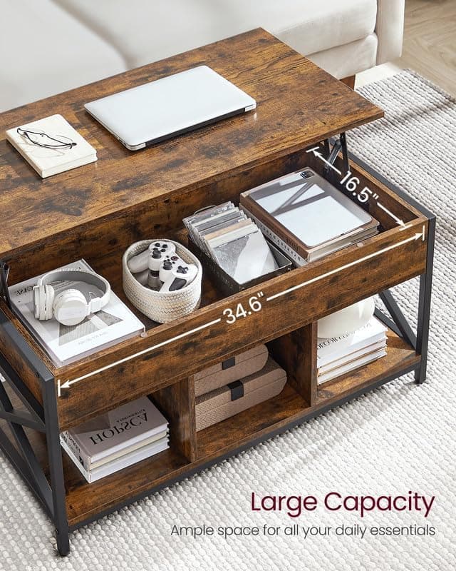 Tavolino da caffè VASAGLE con piano sollevabile, ripiano portaoggetti, scomparti nascosti e piano sollevabile, per soggiorno, ufficio, 19,7 x 39,4 x (19,3-24,4) pollici, marrone rustico e nero ULCT202B01 | Dimensioni 110.00 × 60.00 × 20.00 cm - 4