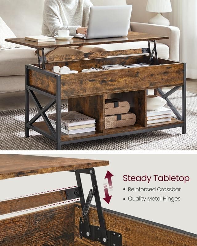 Tavolino da caffè VASAGLE con piano sollevabile, ripiano portaoggetti, scomparti nascosti e piano sollevabile, per soggiorno, ufficio, 19,7 x 39,4 x (19,3-24,4) pollici, marrone rustico e nero ULCT202B01 | Dimensioni 110.00 × 60.00 × 20.00 cm - 5