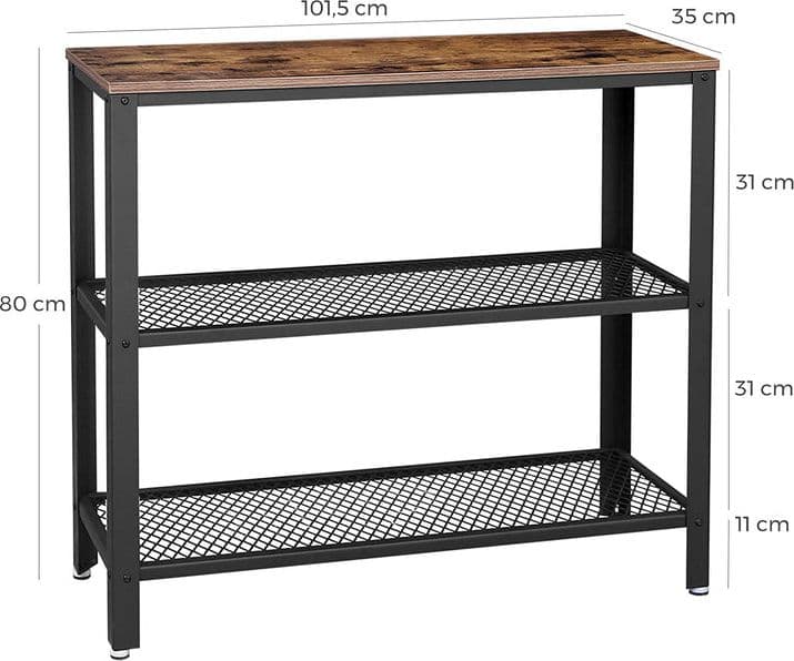 Tavolo da consolle, tavolino da salotto, credenza, con 2 ripiani in traliccio, per soggiorno, corridoio, 101,5 x 35 x 80 cm, telaio in acciaio, stile industriale, marrone rustico e nero | Dimensioni 115.00 × 45.00 × 15.00 cm - 3
