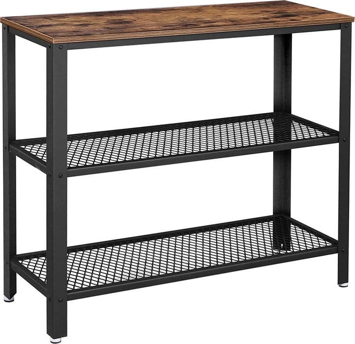 Tavolo da consolle, tavolino da salotto, credenza, con 2 ripiani in traliccio, per soggiorno, corridoio, 101,5 x 35 x 80 cm, telaio in acciaio, stile industriale, marrone rustico e nero | Dimensioni 115.00 × 45.00 × 15.00 cm - 4