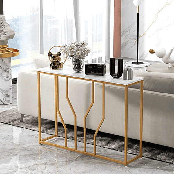 COSTWAY Tavolo Consolle Moderno Bianco e Oro con Piano Effetto Marmo e Struttura Geometrica in Metallo Verniciato, Piedini Regolabili e Kit Antiribaltamento, Portata Piano 30 kg, Dimensioni 110 x 30 x 80 cm - 2