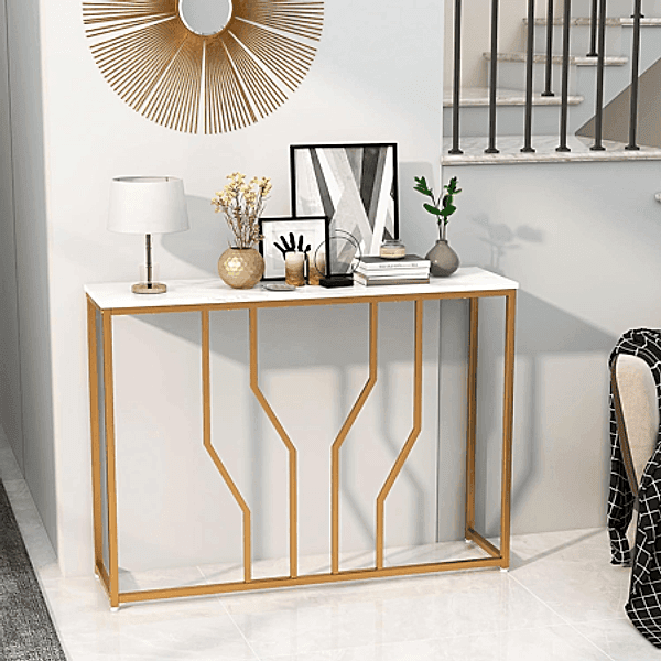COSTWAY Tavolo Consolle Moderno Bianco e Oro con Piano Effetto Marmo e Struttura Geometrica in Metallo Verniciato, Piedini Regolabili e Kit Antiribaltamento, Portata Piano 30 kg, Dimensioni 110 x 30 x 80 cm - 3