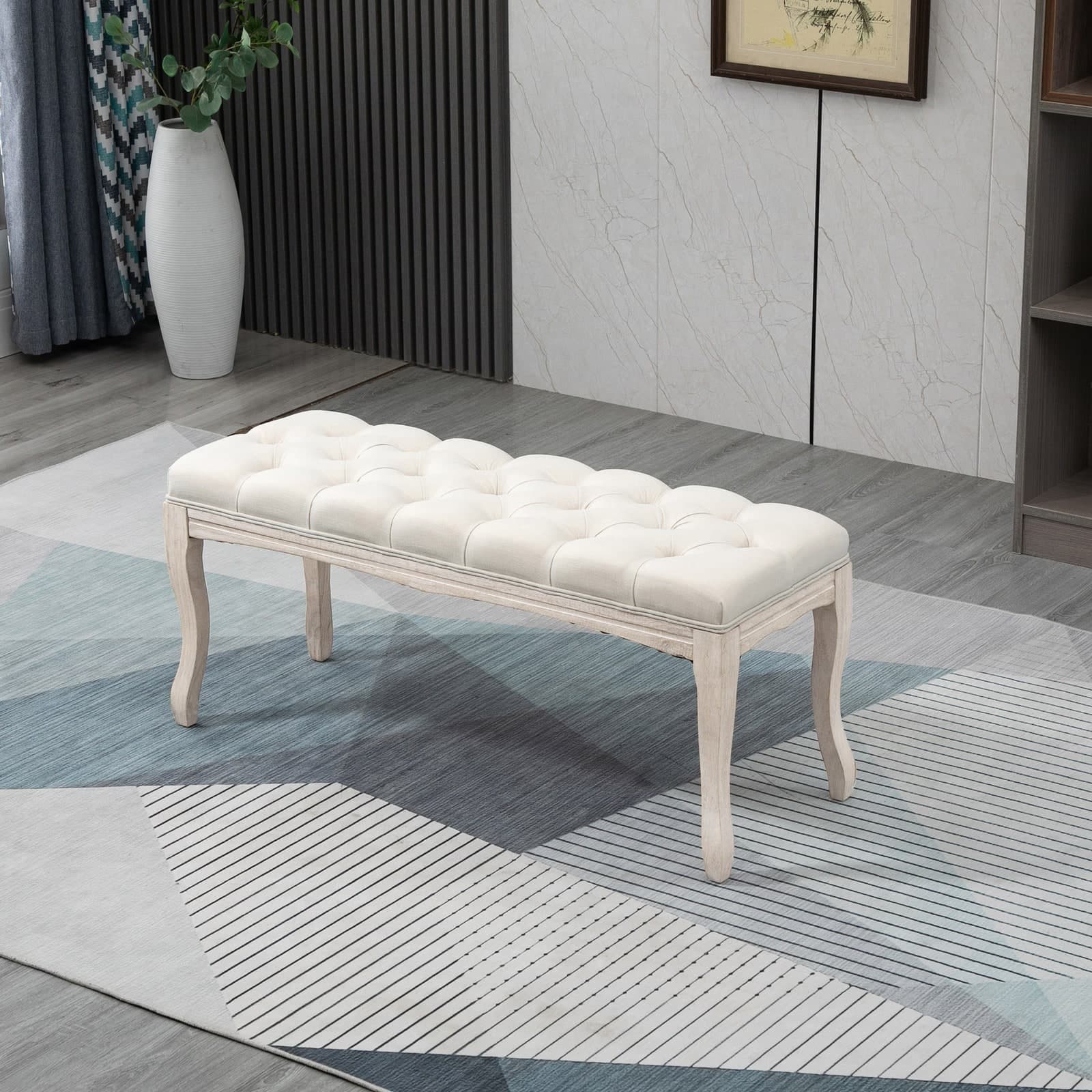 Outrex Panca Fondoletto Vintage Beige con Rivestimento Effetto Lino Trapuntato a Bottoni, Imbottitura in Schiuma da 12 cm e