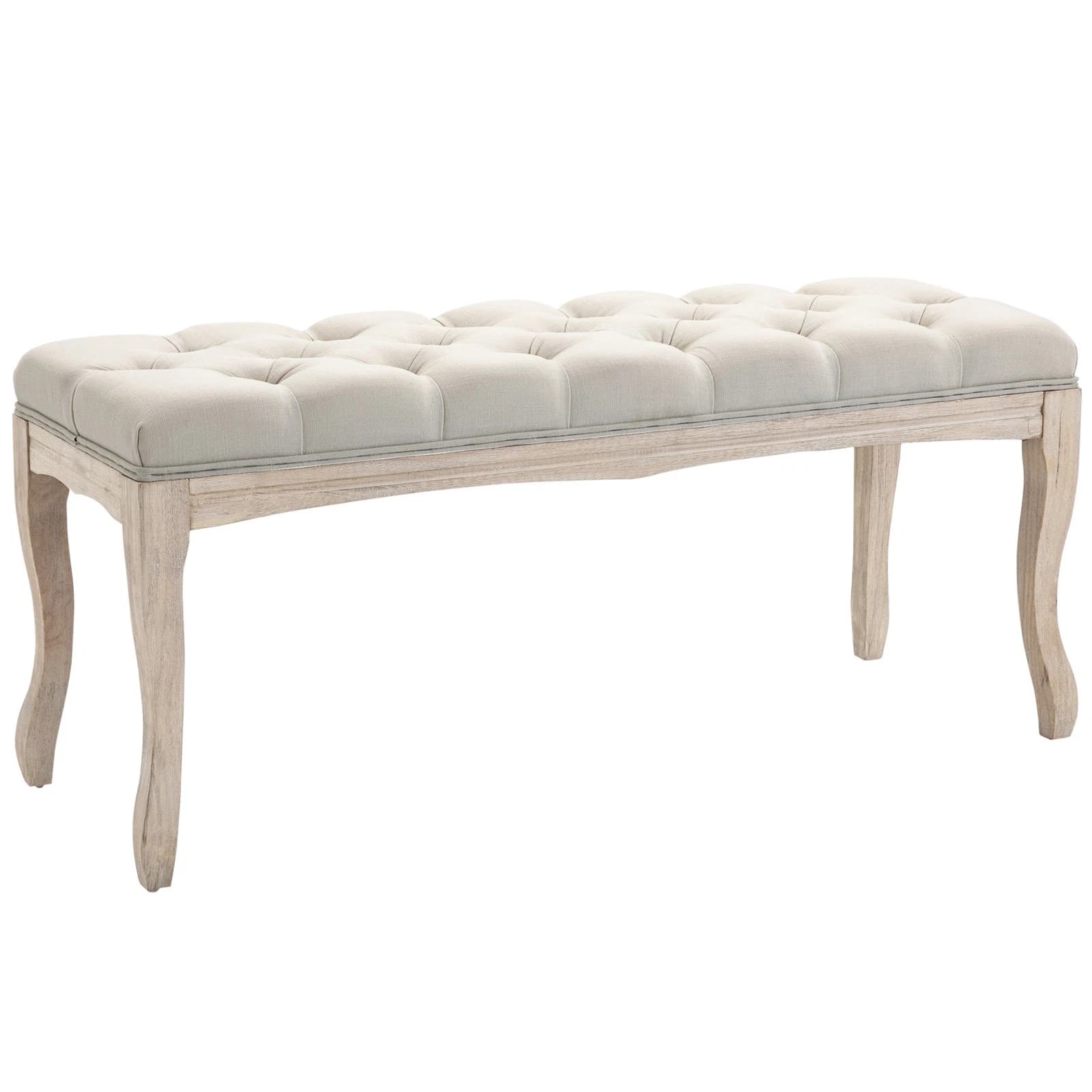 HOMCOM Panca Fondoletto Vintage Beige con Rivestimento Effetto Lino Trapuntato a Bottoni, Imbottitura in Schiuma da 12 cm e Gambe Curve in Legno di Caucciù, Portata 180 kg, Dimensioni 110 x 40 x 48 cm, per Camera, Ingresso e Soggiorno - 2