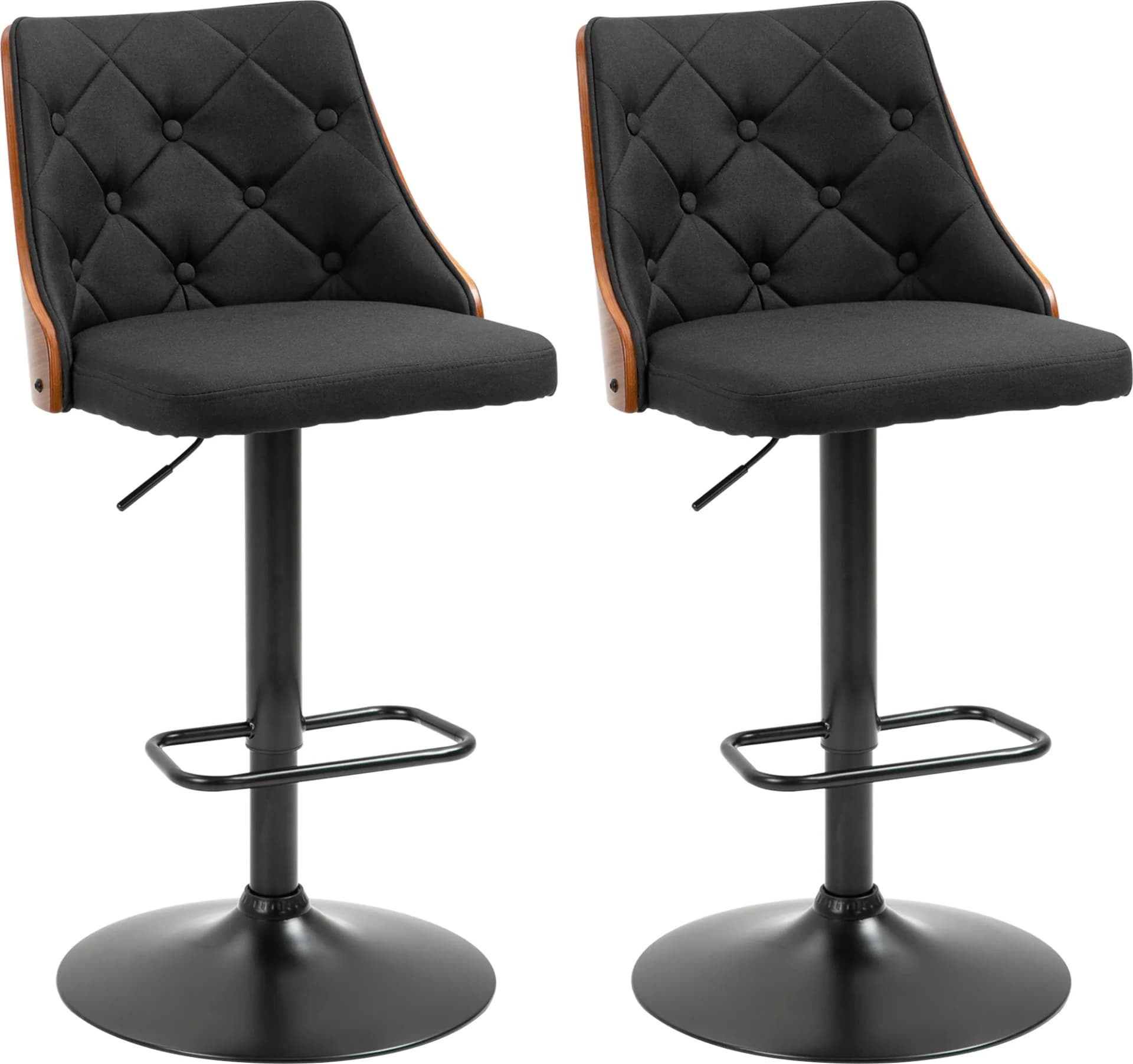 HOMCOM 835-823V00BK Set di 2 Sgabelli da Bar Girevoli a 360° e Regolabili, Seduta 64-85,5 cm, Schienale Imbottito e Poggiapiedi, Tessuto Lino-Poliestere, Struttura in Pioppo e Acciaio, Nero e Noce, 47,5 x 50 x 93,5-116 cm, Portata 120 kg - 2