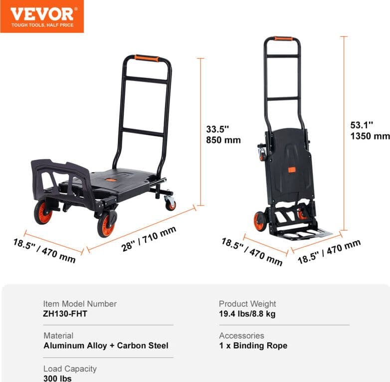VEVOR Carrello a Mano Pieghevole in Alluminio Carrello a Mano Carrello Portacarichi Carico Max. 136kg, Carrello a Mano Pieghevole in Carrello con Piattaforma Ruote per Trasporto di Merci da Magazzino. - 3