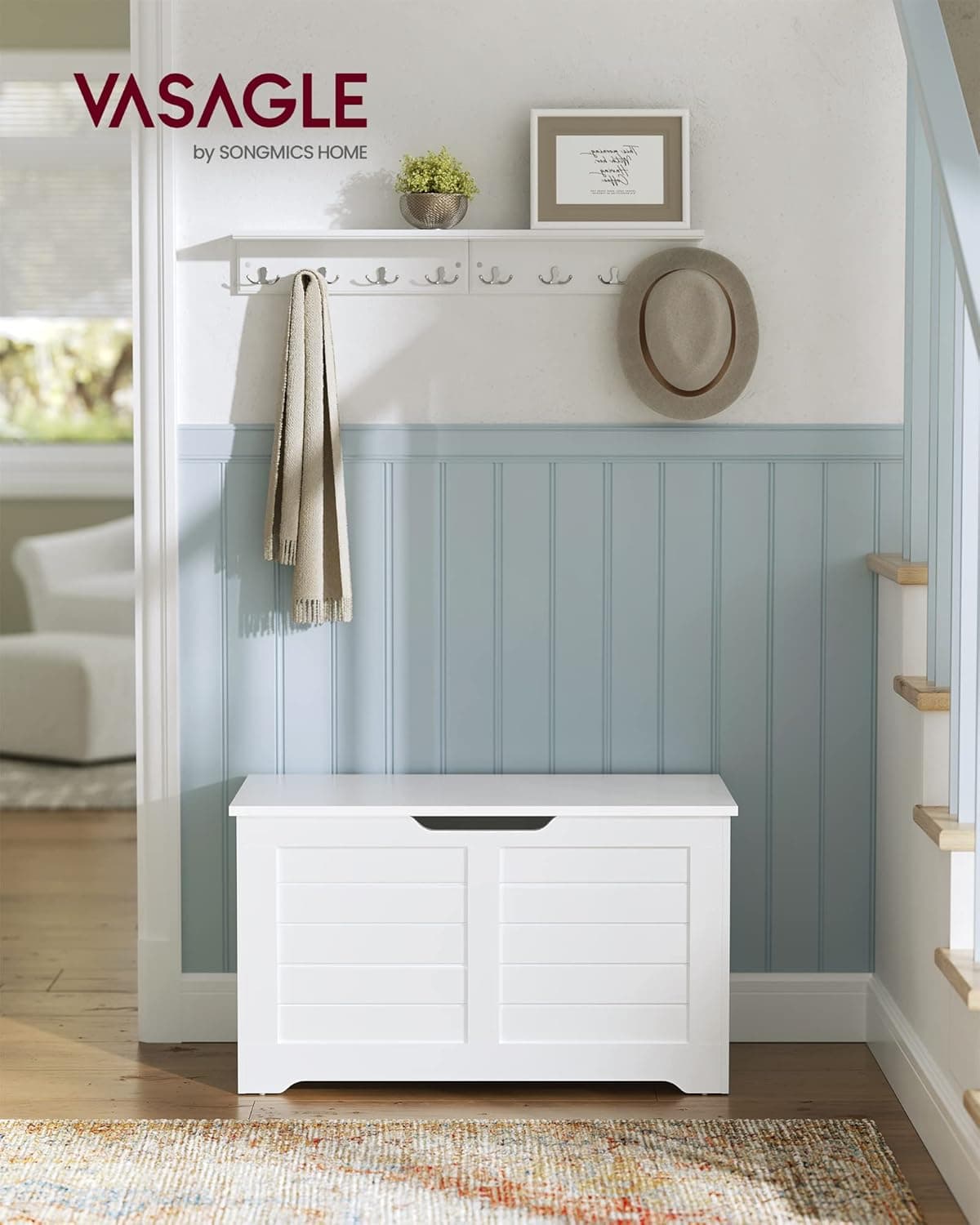 VASAGLE LSB063T14 Contenitore, panca porta scarpe, mobile per ingresso con 2 cerniere di sicurezza, stile moderno, 40 x 80 x 46 cm, per ingresso, camera da letto, soggiorno, bianco | Dimensioni 90.00 × 55.00 × 15.00 cm - 2