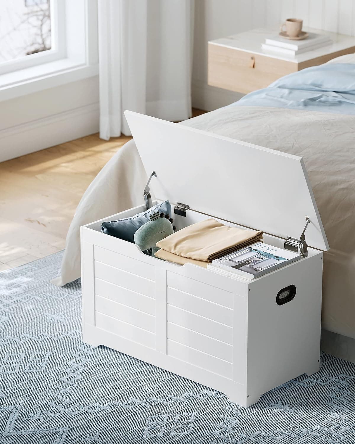 VASAGLE LSB063T14 Contenitore, panca porta scarpe, mobile per ingresso con 2 cerniere di sicurezza, stile moderno, 40 x 80 x 46 cm, per ingresso, camera da letto, soggiorno, bianco | Dimensioni 90.00 × 55.00 × 15.00 cm - 3