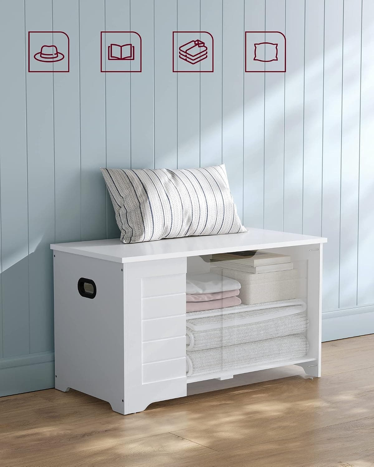 VASAGLE LSB063T14 Contenitore, panca porta scarpe, mobile per ingresso con 2 cerniere di sicurezza, stile moderno, 40 x 80 x 46 cm, per ingresso, camera da letto, soggiorno, bianco | Dimensioni 90.00 × 55.00 × 15.00 cm - 4