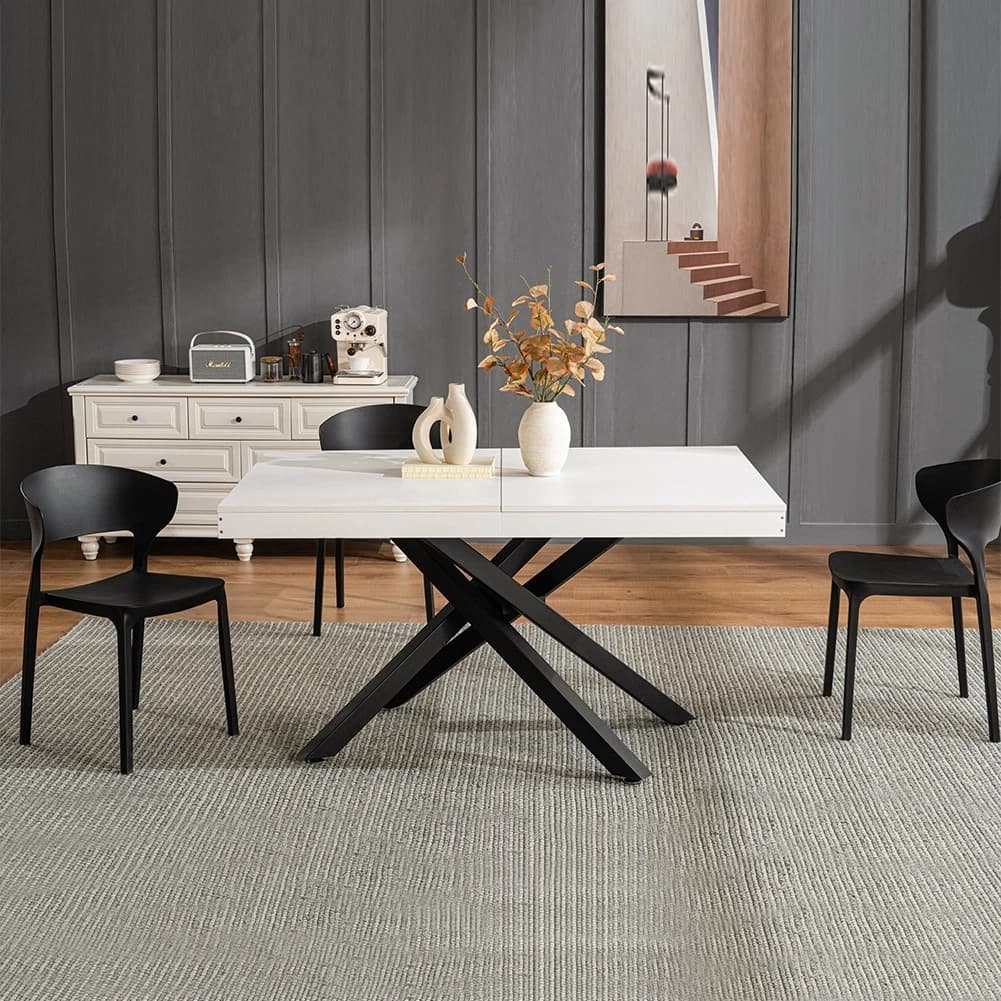 Shally Dogan Tavolo da Cucina e Sala da Pranzo Estensibile Richiudibile, Allungabile da 140-220 cm con 2 Pannelli da 40 cm, Apertura Semplice e Veloce, Design Moderno, Base Nera (Bianco) | Dimensioni 150.00 × 95.00 × 20.00 cm