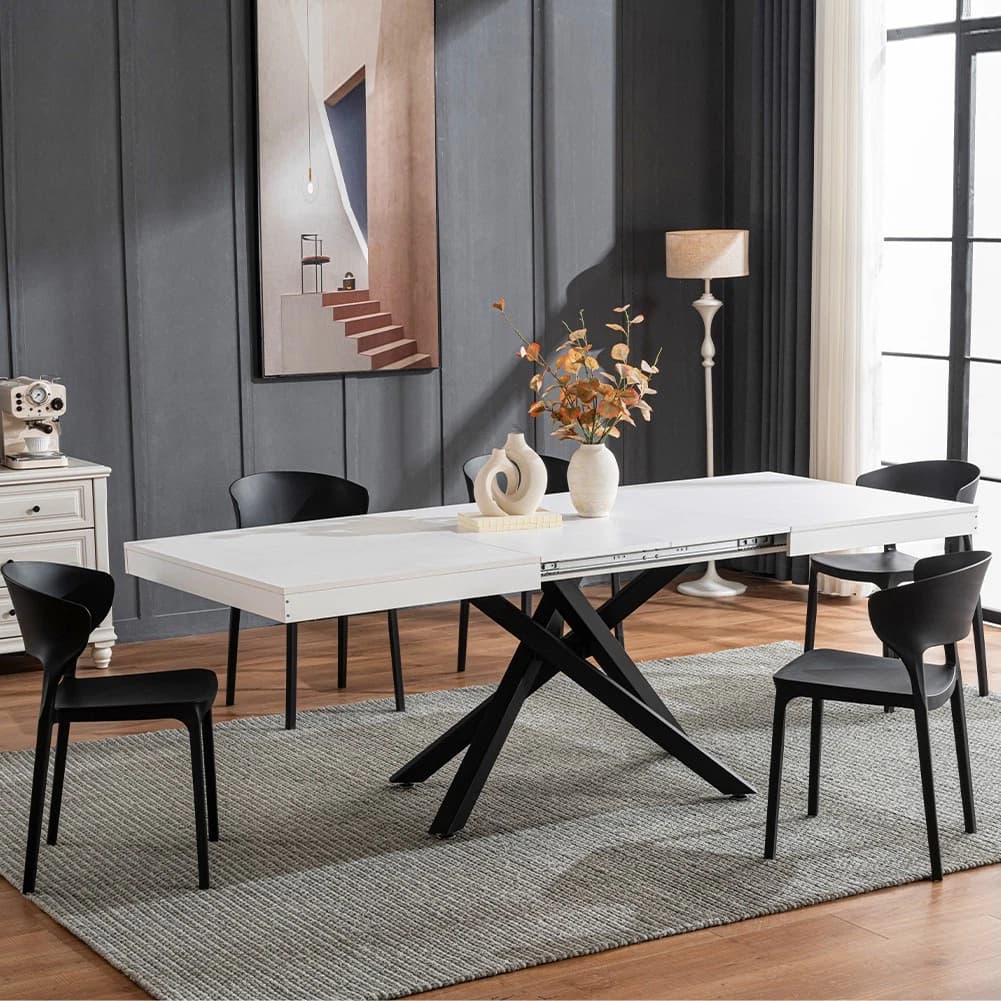 Shally Dogan Tavolo da Cucina e Sala da Pranzo Estensibile Richiudibile, Allungabile da 140-220 cm con 2 Pannelli da 40 cm, Apertura Semplice e Veloce, Design Moderno, Base Nera (Bianco) | Dimensioni 150.00 × 95.00 × 20.00 cm - 2