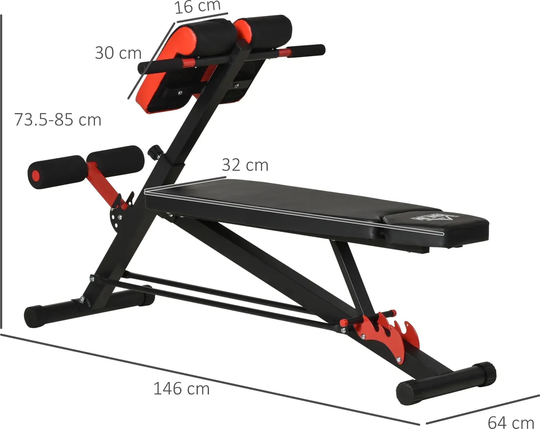 HOMCOM A91-075 Panca Fitness Multifunzione Regolabile Nera e Rossa in Acciaio con Imbottitura EVA, Schienale Piano e Declinabile a -22,5° e -45°, Supporto Cosce su 7 Livelli e Poggiapiedi su 4 Posizioni, 64 x 146 x 73,5-85 cm - 3