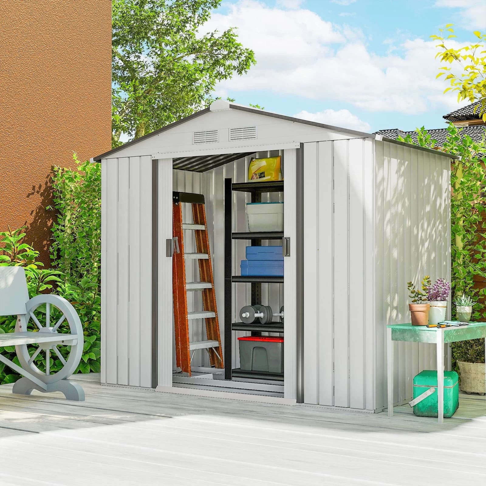 Outsunny 845-030WT Casetta Porta Utensili da Giardino in Acciaio Bianco Argentato 213 x 130 x 185 cm, Doppie Porte Scorrevoli, 4 Aperture di Ventilazione, Base in Acciaio Zincato, Resistente a Ruggine e Intemperie, Carico Neve 20 kg/m² - 2
