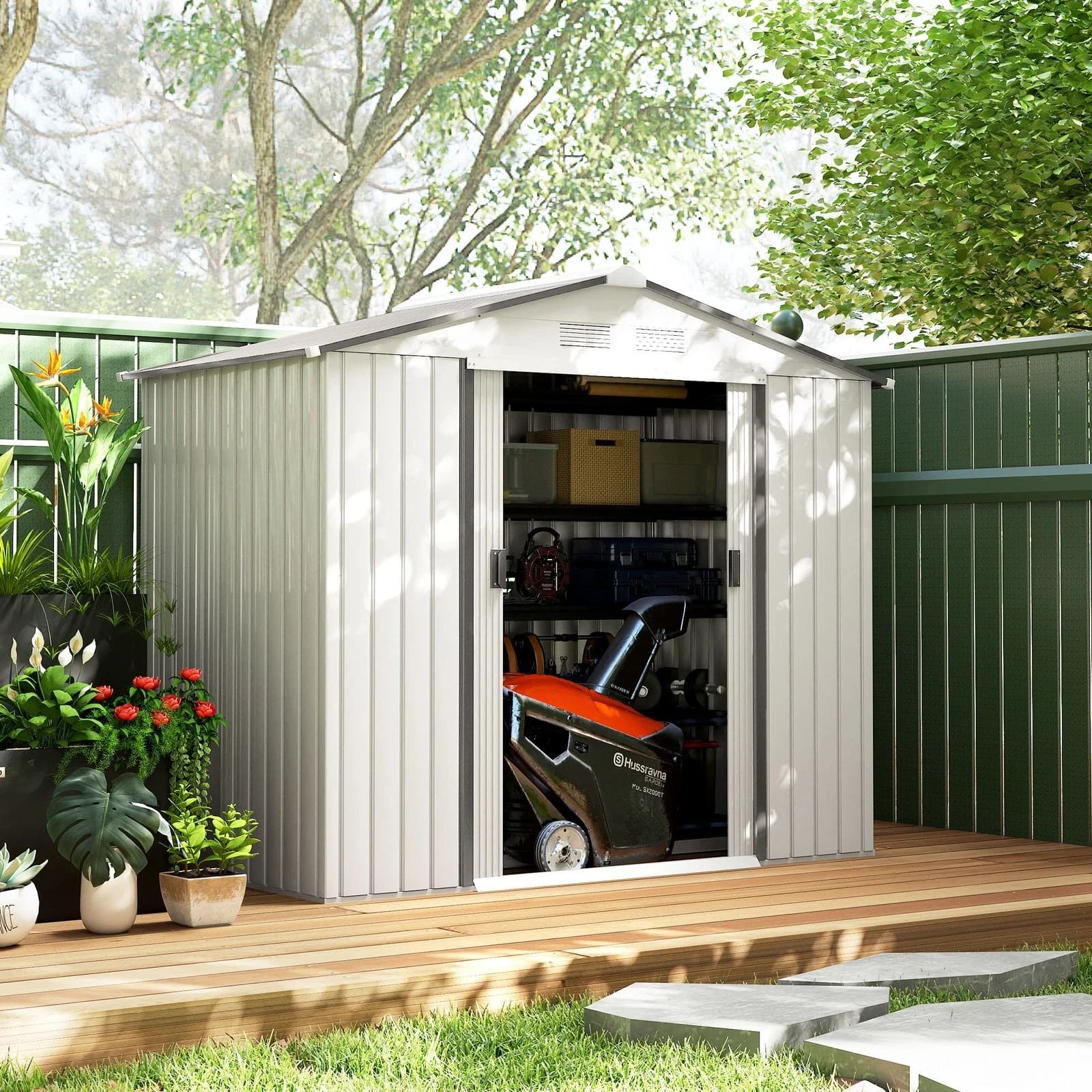 Outsunny 845-030WT Casetta Porta Utensili da Giardino in Acciaio Bianco Argentato 213 x 130 x 185 cm, Doppie Porte Scorrevoli, 4 Aperture di Ventilazione, Base in Acciaio Zincato, Resistente a Ruggine e Intemperie, Carico Neve 20 kg/m² - 3