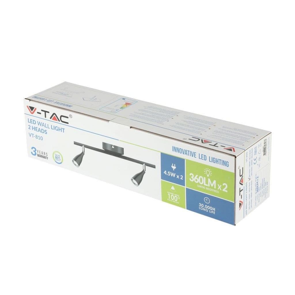V-TAC VT-810 SKU 8267 Lampada LED da Parete Nera da 9 W e 3000 K, Doppia Testa Orientabile per Illuminazione Interna, Corpo Compatto con Grado di Protezione IP20, Applique Moderna da Interno, EAN 3800157627177 - 2