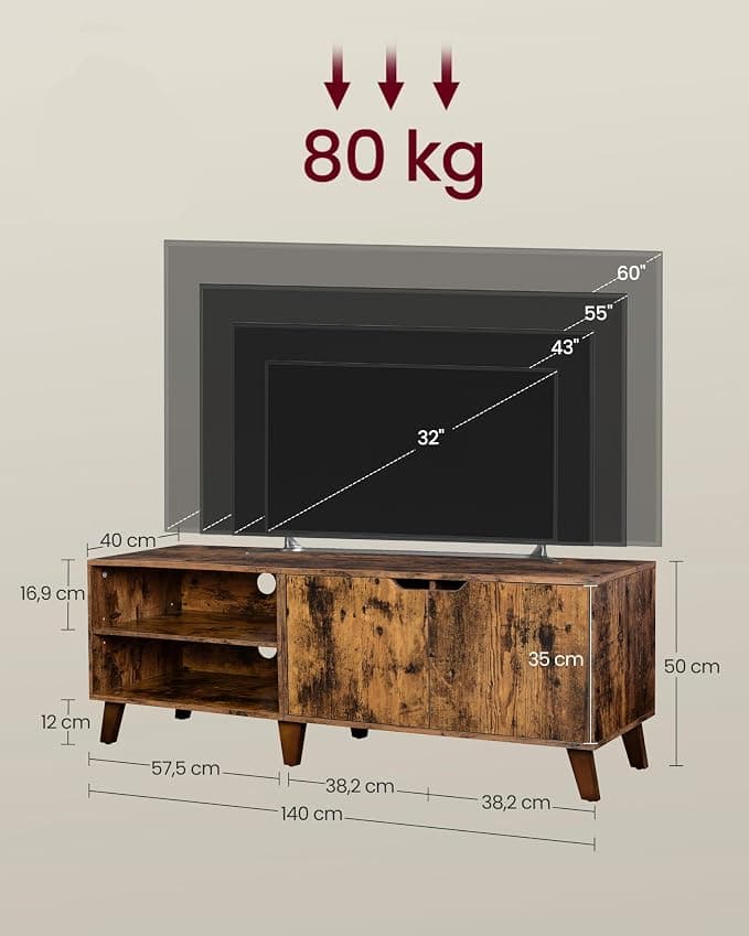 VASAGLE Mobile TV per Televisore fino a 60 Pollici, Armadietto per TV con 2 Ante, Ripiani Regolabili, Lungo 140 cm, per Soggiorno, Camera da Letto, Marrone Vintage LTV027X01 | Dimensioni 155.00 × 50.00 × 15.00 cm - 2