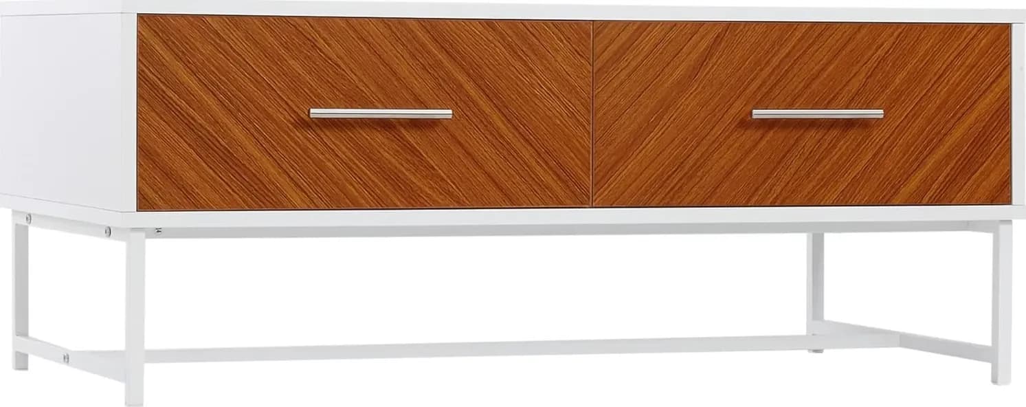 HOMCOM Tavolino da Caffè con 2 Cassetti e Vano Aperto, Tavolino Basso da Salotto in Legno e Metallo, 100x50x40cm, Bianco e Marrone | Dimensioni 110.00 × 60.00 × 15.00 cm