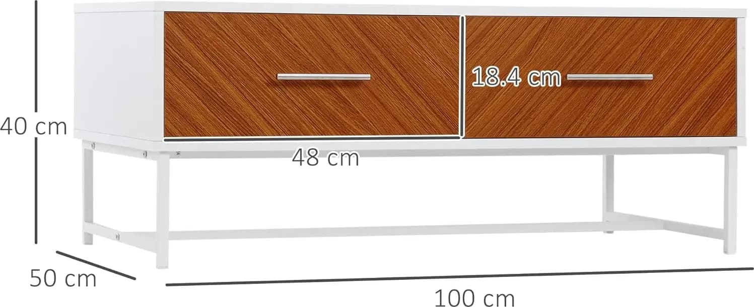 HOMCOM Tavolino da Caffè con 2 Cassetti e Vano Aperto, Tavolino Basso da Salotto in Legno e Metallo, 100x50x40cm, Bianco e Marrone | Dimensioni 110.00 × 60.00 × 15.00 cm - 2