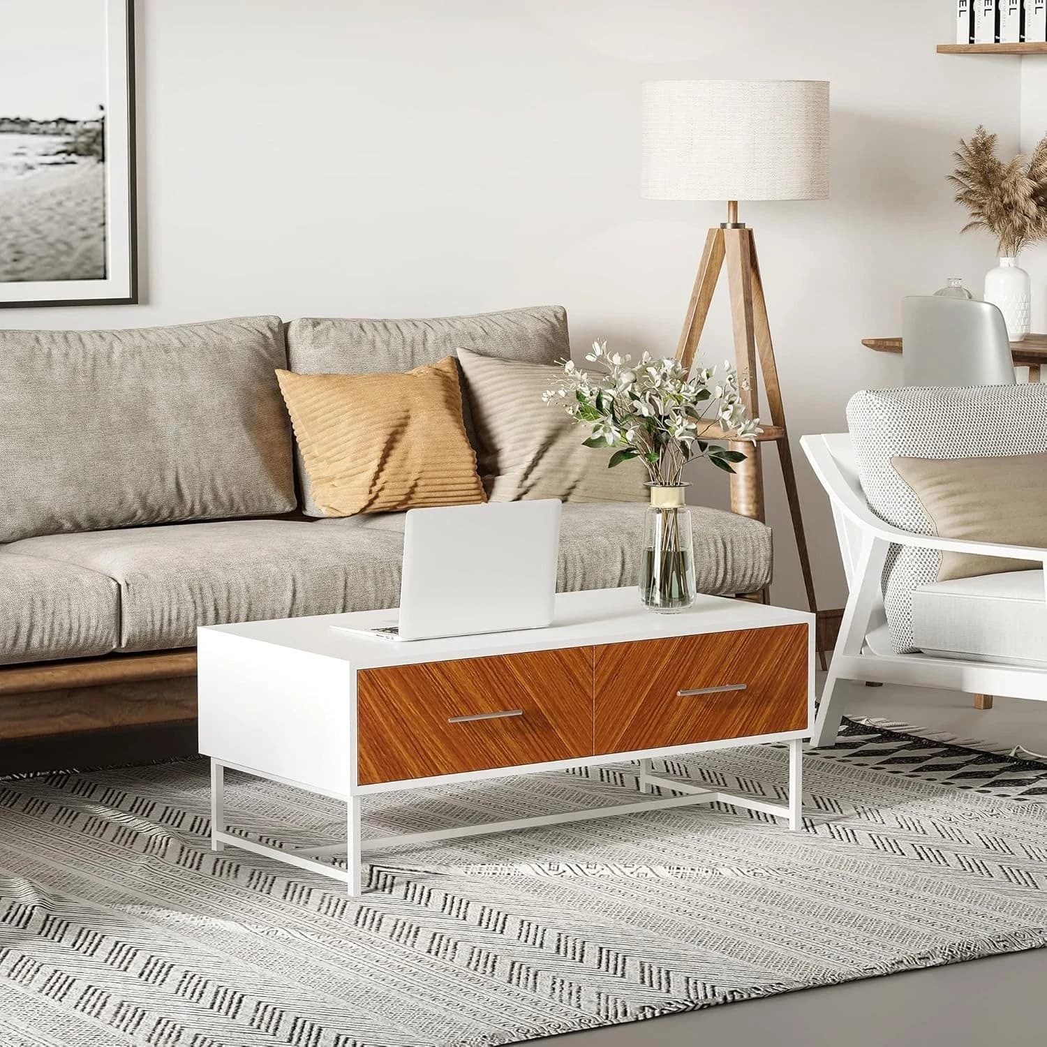 HOMCOM Tavolino da Caffè con 2 Cassetti e Vano Aperto, Tavolino Basso da Salotto in Legno e Metallo, 100x50x40cm, Bianco e Marrone | Dimensioni 110.00 × 60.00 × 15.00 cm - 3