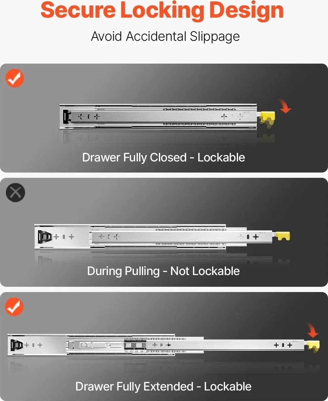 Coppia Guide per Cassetti Heavy Duty a Estrazione Totale in Acciaio Zincato, 3 Sezioni con Doppio Blocco e Cuscinetti a Sfera, Montaggio Laterale, Estensione 600 mm, Dimensioni con Chiusura 630 x 53 x 19,5 mm, Viti e Dadi Inclusi - 3