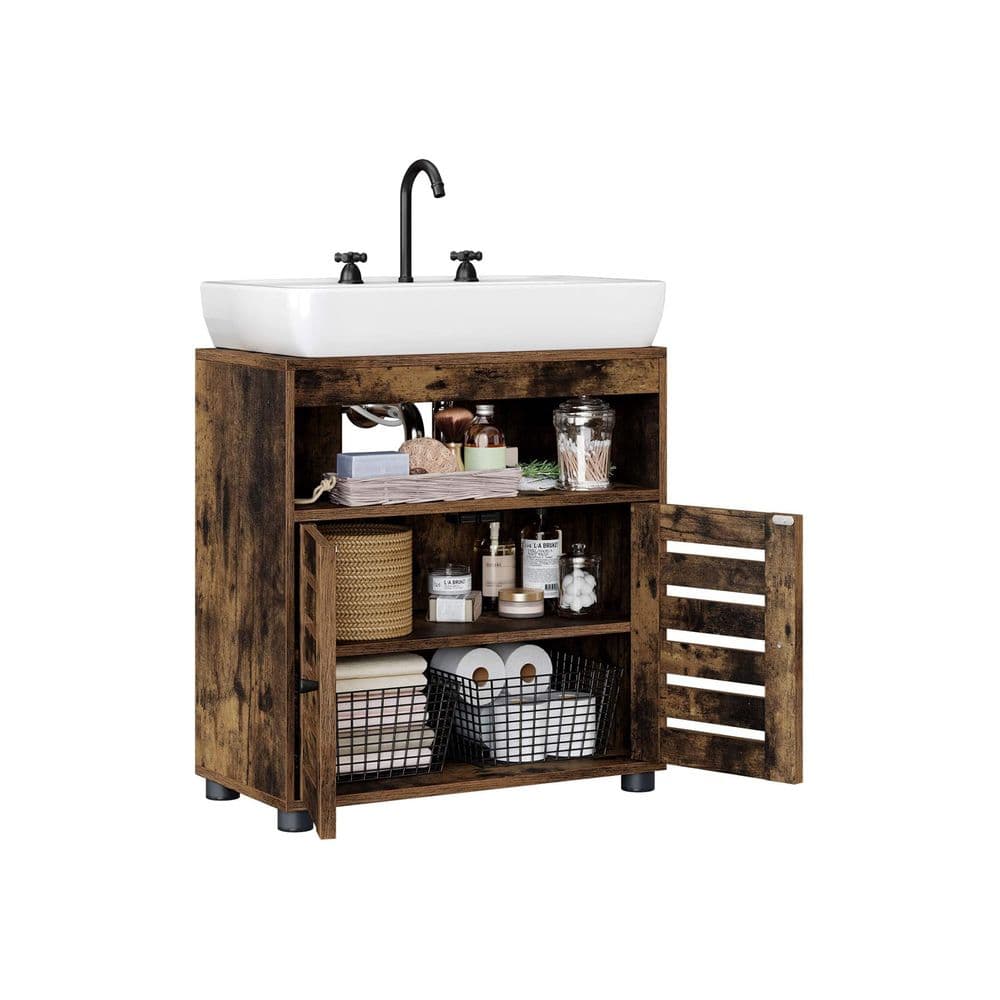 Mobile Sottolavabo in Truciolare Effetto Rovere Rustico 60 x 30 x 63 cm, con Due Ante, Ripiano Interno Regolabile, Apertura per Sifone 15 x 20 x 31,5 cm, Carico Massimo 20 kg e Fissaggio Antiribaltamento alla Parete, EAN 5903332070671 - 2