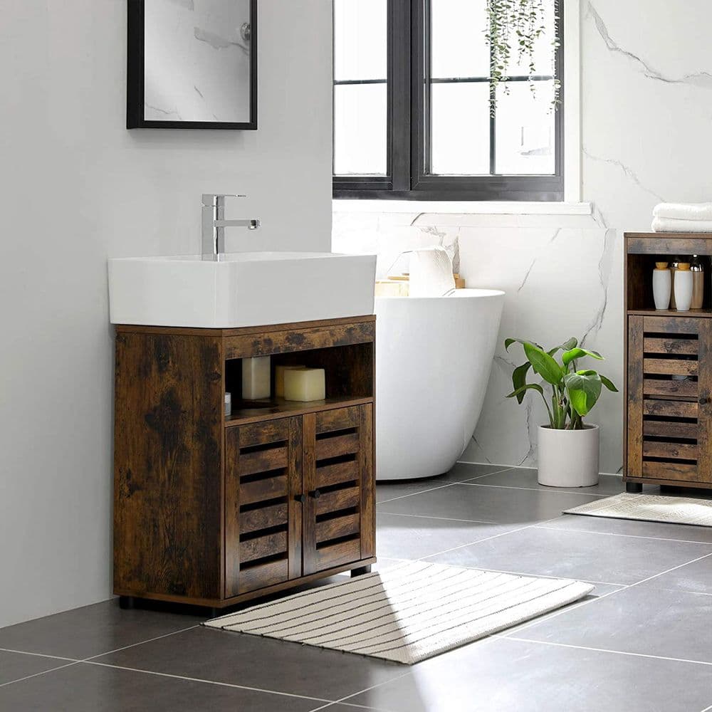 Mobile Sottolavabo in Truciolare Effetto Rovere Rustico 60 x 30 x 63 cm, con Due Ante, Ripiano Interno Regolabile, Apertura per Sifone 15 x 20 x 31,5 cm, Carico Massimo 20 kg e Fissaggio Antiribaltamento alla Parete, EAN 5903332070671 - 3