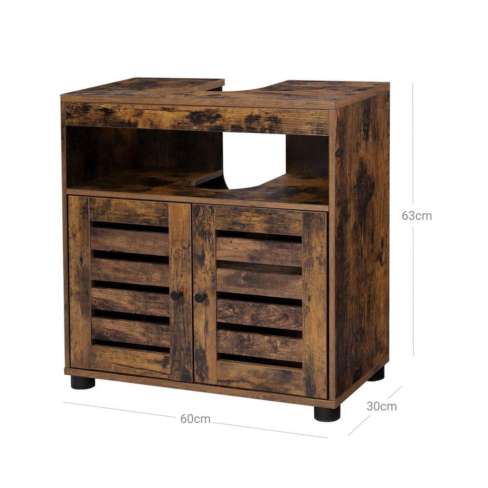 Mobile Sottolavabo in Truciolare Effetto Rovere Rustico 60 x 30 x 63 cm, con Due Ante, Ripiano Interno Regolabile, Apertura per Sifone 15 x 20 x 31,5 cm, Carico Massimo 20 kg e Fissaggio Antiribaltamento alla Parete, EAN 5903332070671 - 4