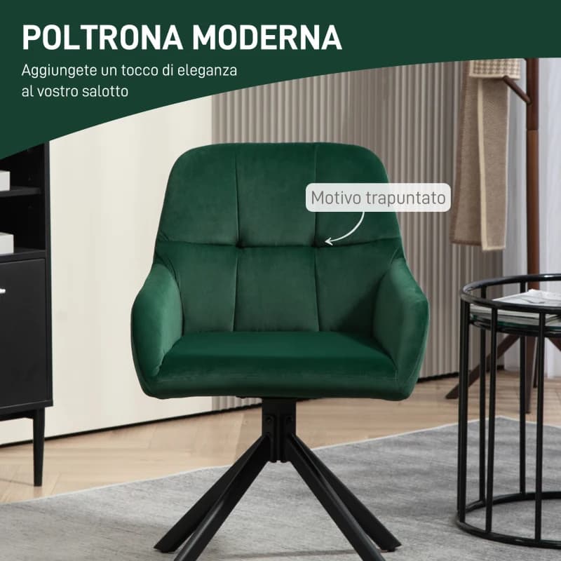 HOMCOM Poltroncina in Velluto Moderna con Seduta Girevole, Braccioli e Gambe in Acciaio, Verde | Dimensioni 75.00 × 70.00 × 60.00 cm - 4