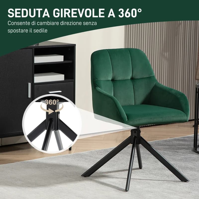 HOMCOM Poltroncina in Velluto Moderna con Seduta Girevole, Braccioli e Gambe in Acciaio, Verde | Dimensioni 75.00 × 70.00 × 60.00 cm - 5