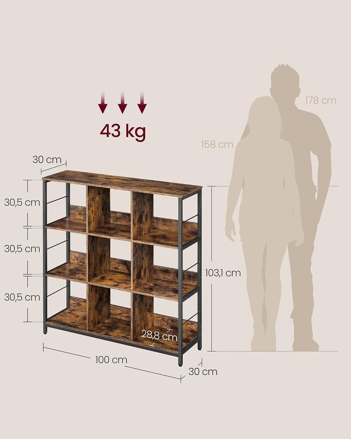 Libreria a 3 Ripiani, Libreria Scaffale a 9 Scomparti, per Soggiorno, Studio, Cucina, Camera da Letto, 30 x 100 x 103,1 cm, Marrone Vintage e Nero LLS112B01 Visita lo Store di VASAGLE | Dimensioni 110.00 × 40.00 × 15.00 cm - 3