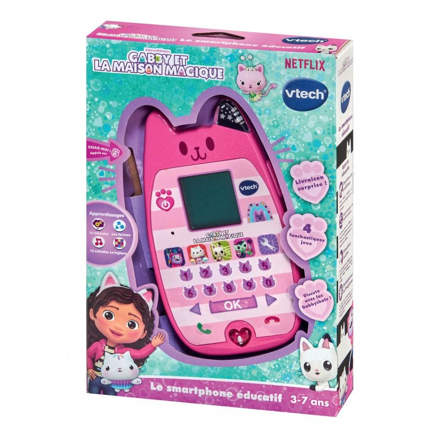 VTech Gabby e la Casa Magica Smartphone Educativo A-Meow-Zing Phone, Giochi Interattivi e Voce, per Bambini 3-6 Anni | Modello 80-561905 rosa, 8,7 x 2,6 x 15 cm, 150 g, alimentato da 3 batterie AAA incluse, contenuto in scatola aperta