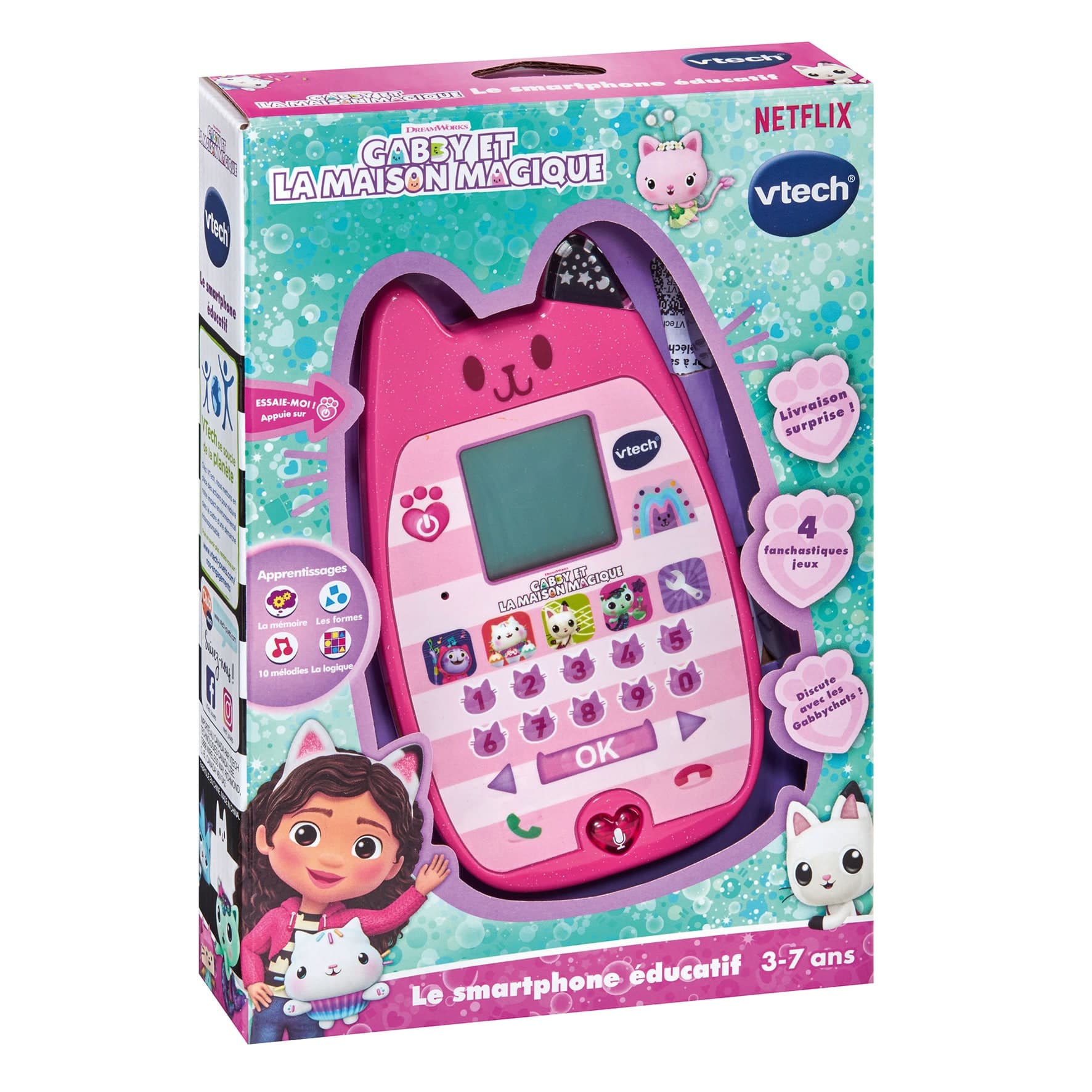 VTech Gabby e la Casa Magica Smartphone Educativo A-Meow-Zing Phone, Giochi Interattivi e Voce, per Bambini 3-6 Anni | Modello 80-561905 rosa, 8,7 x 2,6 x 15 cm, 150 g, alimentato da 3 batterie AAA incluse, contenuto in scatola aperta - 4