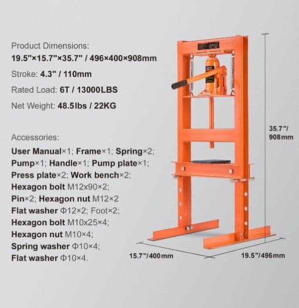 VEVOR Pressa idraulica da negozio da 6 tonnellate con piastre di pressatura Supporto per pressa da banco con telaio ad H Promo | Dimensioni 80.00 × 30.00 × 25.00 cm - 2