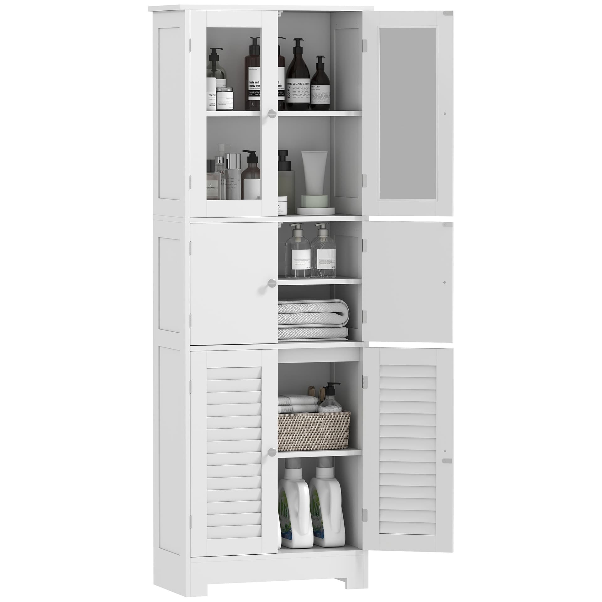 HOMCOM Mobile Colonna Bagno con 3 Armadietti e Ante in Vetro e a Persiana, 60x30x170.5cm, Bianco | Dimensioni 60.00 × 30.00 × 170.50 cm