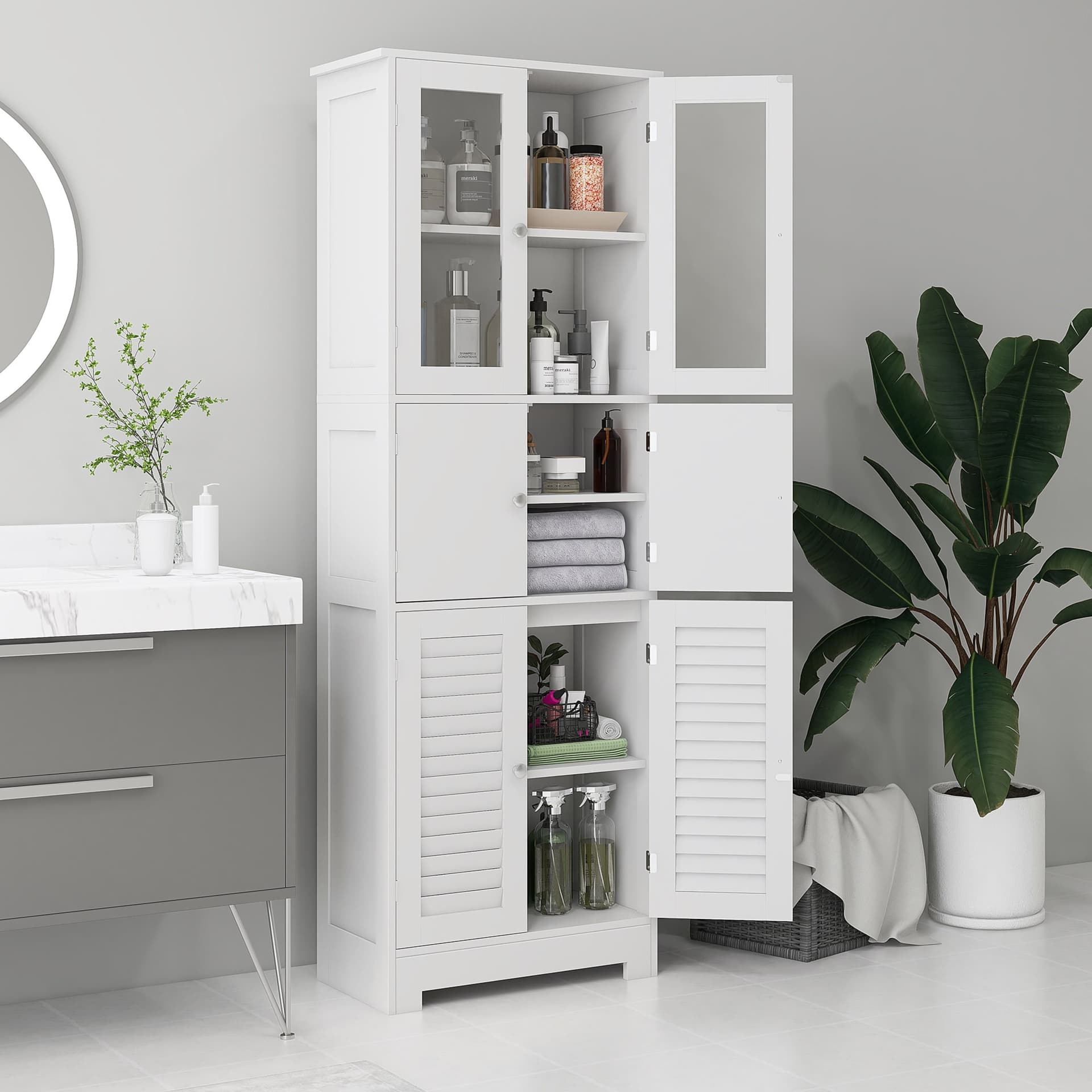 HOMCOM Mobile Colonna Bagno con 3 Armadietti e Ante in Vetro e a Persiana, 60x30x170.5cm, Bianco | Dimensioni 60.00 × 30.00 × 170.50 cm - 2