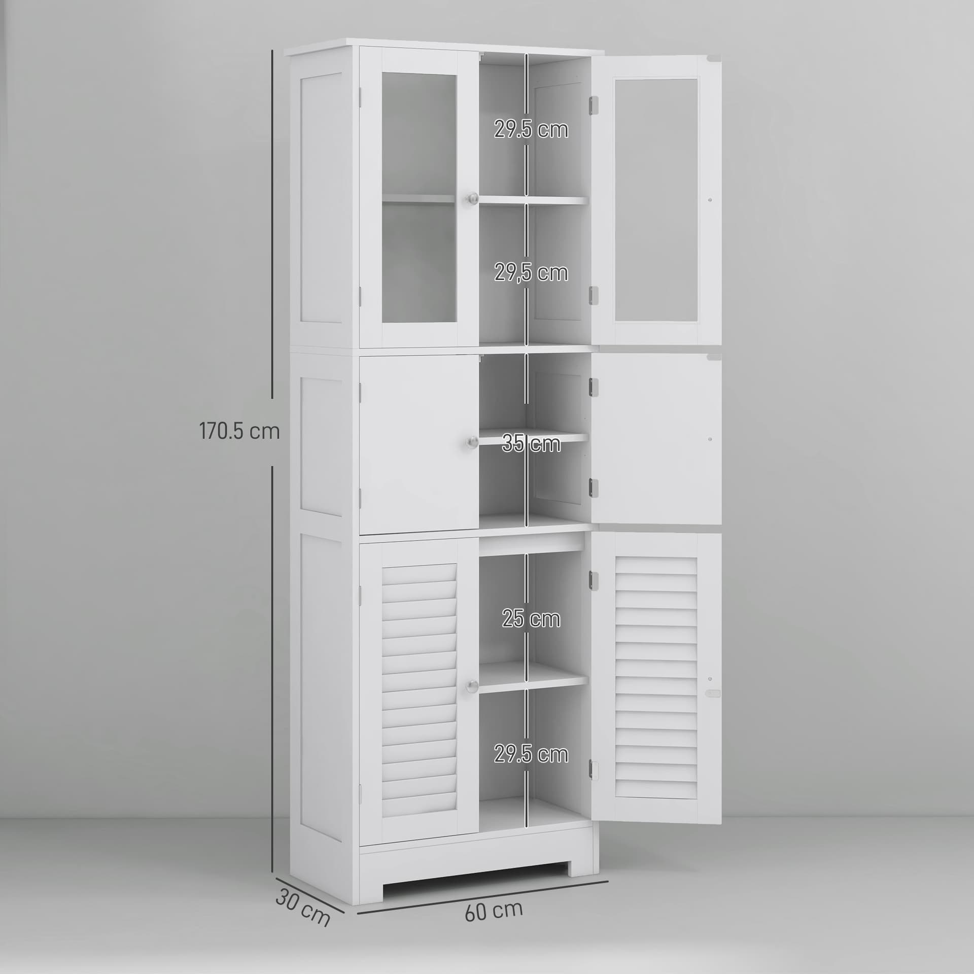 HOMCOM Mobile Colonna Bagno con 3 Armadietti e Ante in Vetro e a Persiana, 60x30x170.5cm, Bianco | Dimensioni 60.00 × 30.00 × 170.50 cm - 3